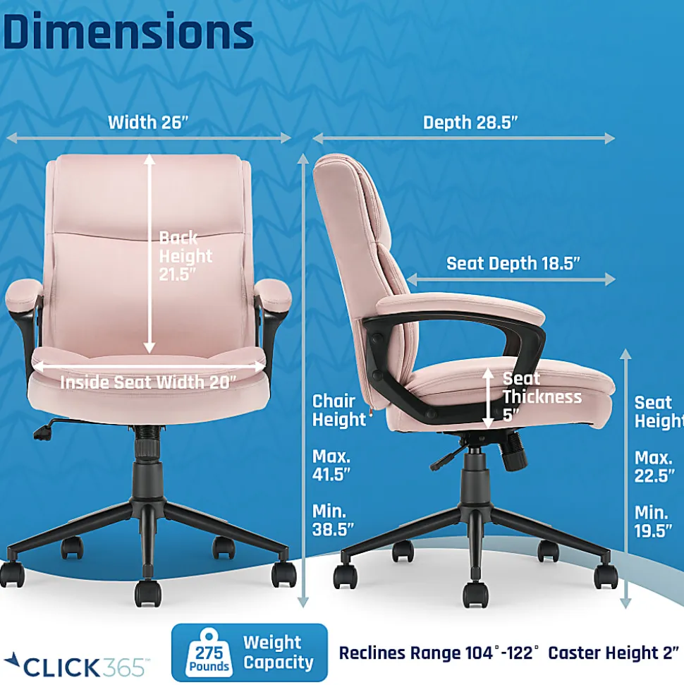 Click365 Transform 2.0 Ergonomic Fabric Mid-Back Desk Chair, Pink/Black