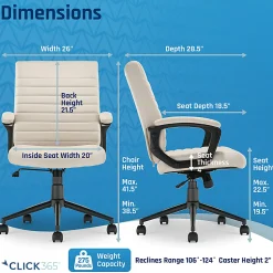 Click365 Transform 3.0 Ergonomic Vegan Leather Mid-Back Manager's Chair, Off-White