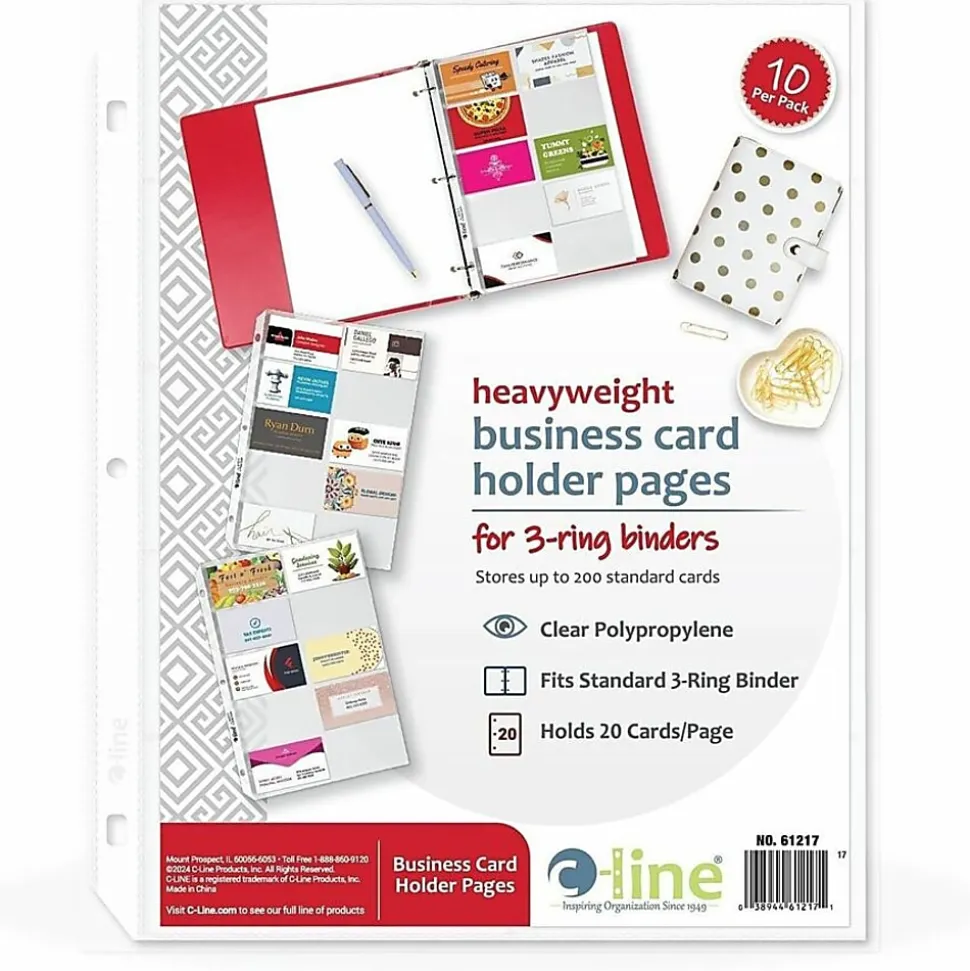 C-Line Business Card Holders Without Tabs, 8 1/8" x 11 1/4", 3-Hole Punched, Pack Of 10