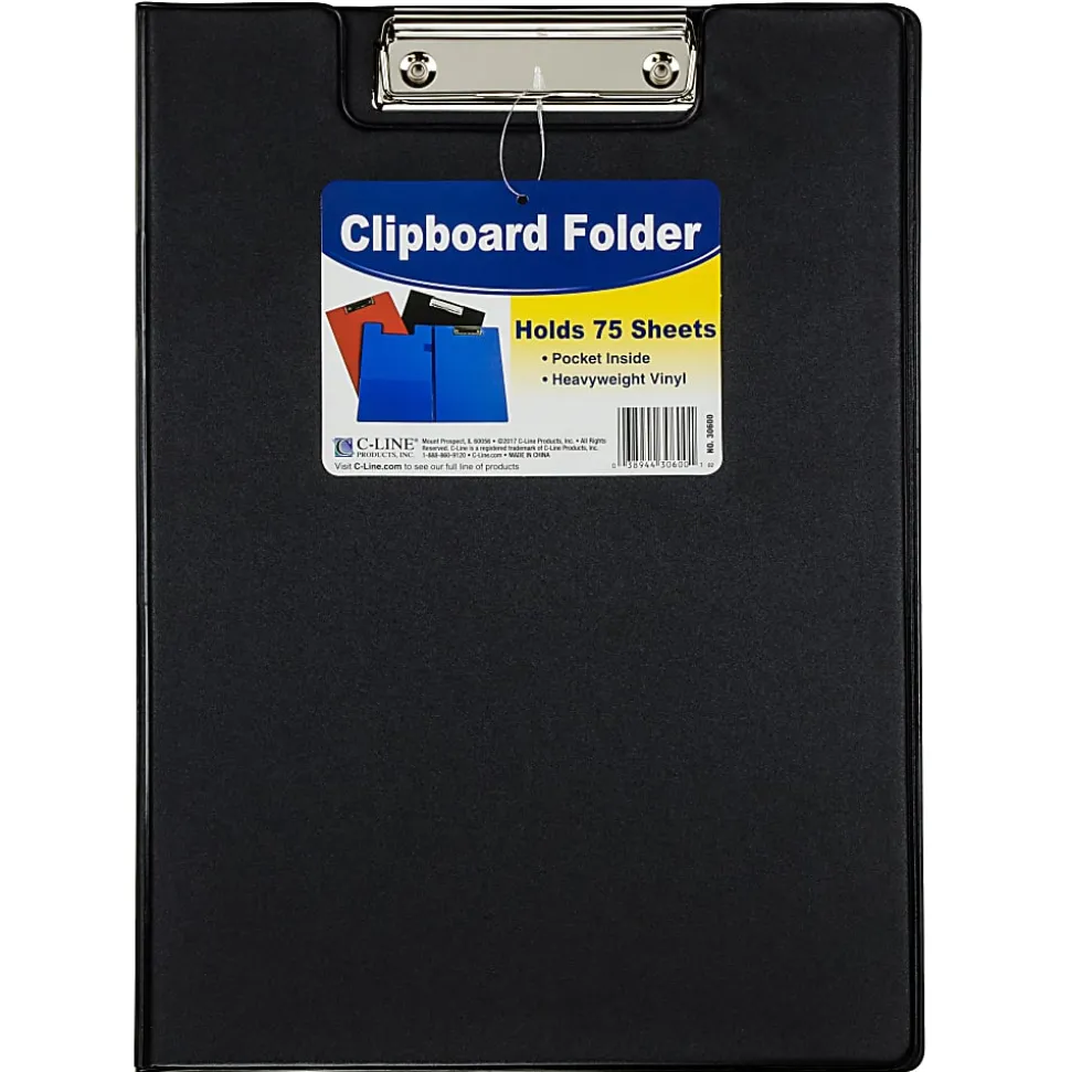 C-Line Clipboard Folders, 8-1/2" x 11", Blue/Red/Black, Pack Of 12 Folders