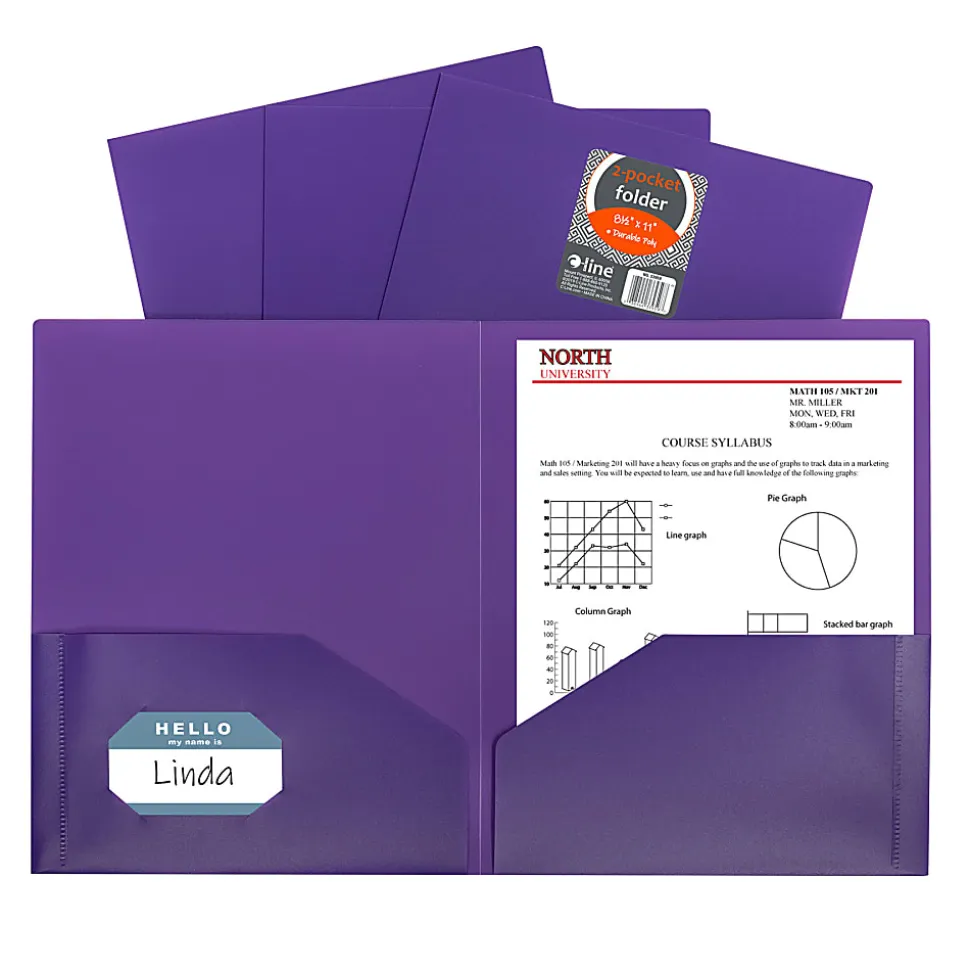 C-Line 2-Pocket Heavyweight Poly Portfolios, 8-1/2" x 11", Purple, Pack Of 25 Portfolios