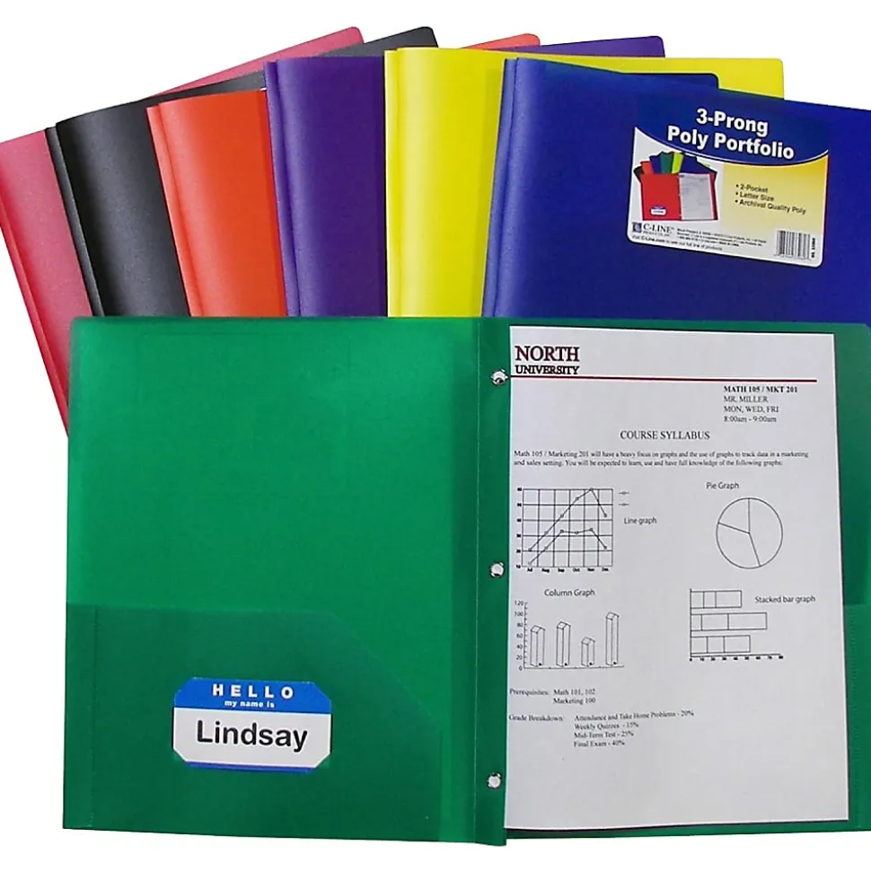 C-Line 2-Pocket Poly Folders With Prongs, Letter Size, Assorted Colors, Pack Of 36 Folders