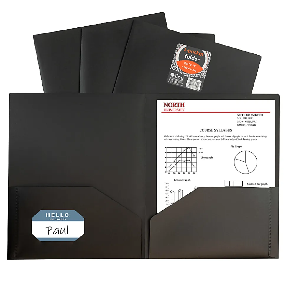 C-Line 2-Pocket Poly Portfolios, 8-1/2" x 11", Black, Pack Of 25 Portfolios