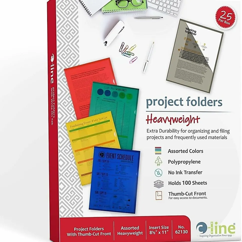 C-Line® Project Folders, Letter Size (8 1/2" x 11"), 70% Recycled, Assorted Colors, Box Of 25