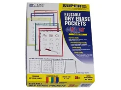 C Line® Reusable Dry-Erase Pockets, 9" x 12", Assorted Primary Colors, Pack Of 25
