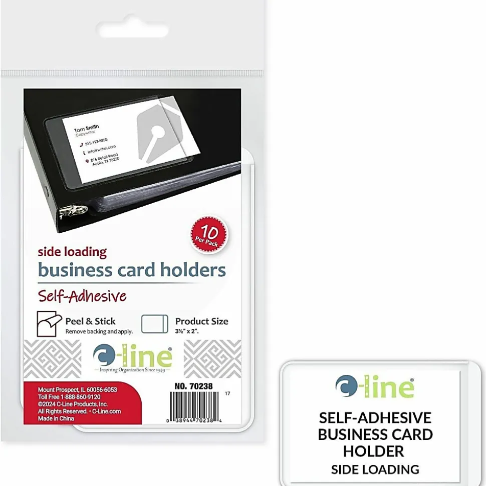 C-Line® Self-Adhesive Business Card Holders, 2" x 3 1/2", Clear, Pack Of 10