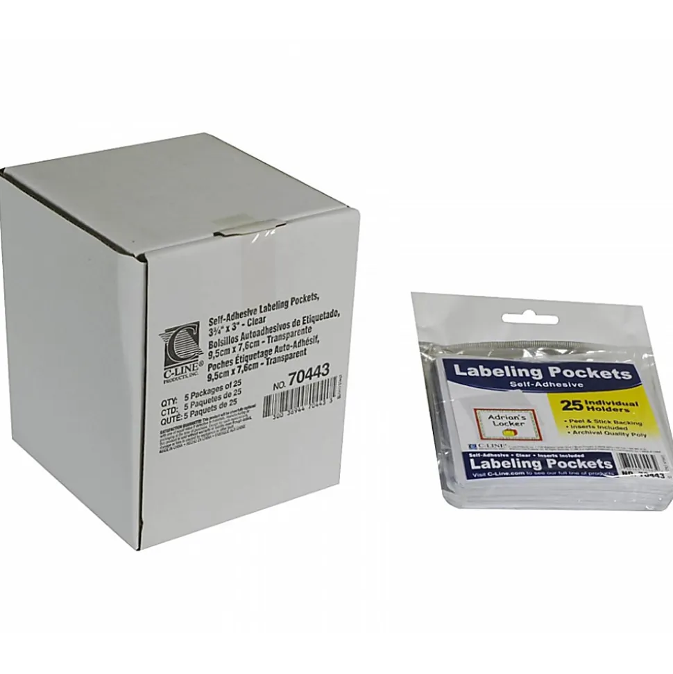 C-Line Self-Adhesive Labeling Pockets With Inserts, 3-3/4" x 3", Clear, Pack Of 25 Pockets/Inserts, Set Of 2 Packs
