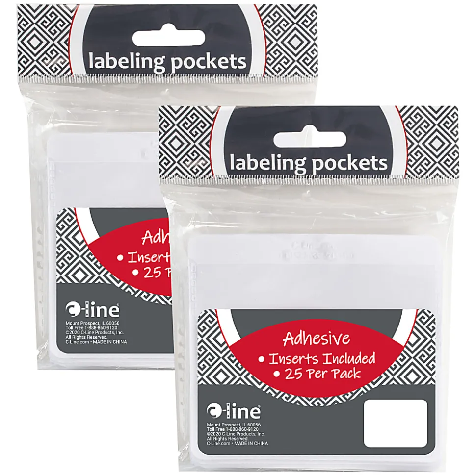 C-Line Self-Adhesive Labeling Pockets With Inserts, 3-3/4" x 3", Clear, Pack Of 25 Pockets/Inserts, Set Of 2 Packs