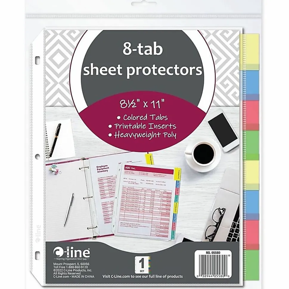 C-Line® Top-Loading Sheet Protectors With Tab Inserts, 8 1/2" x 11", 8-Tab, Assorted Colors, 10 Pack