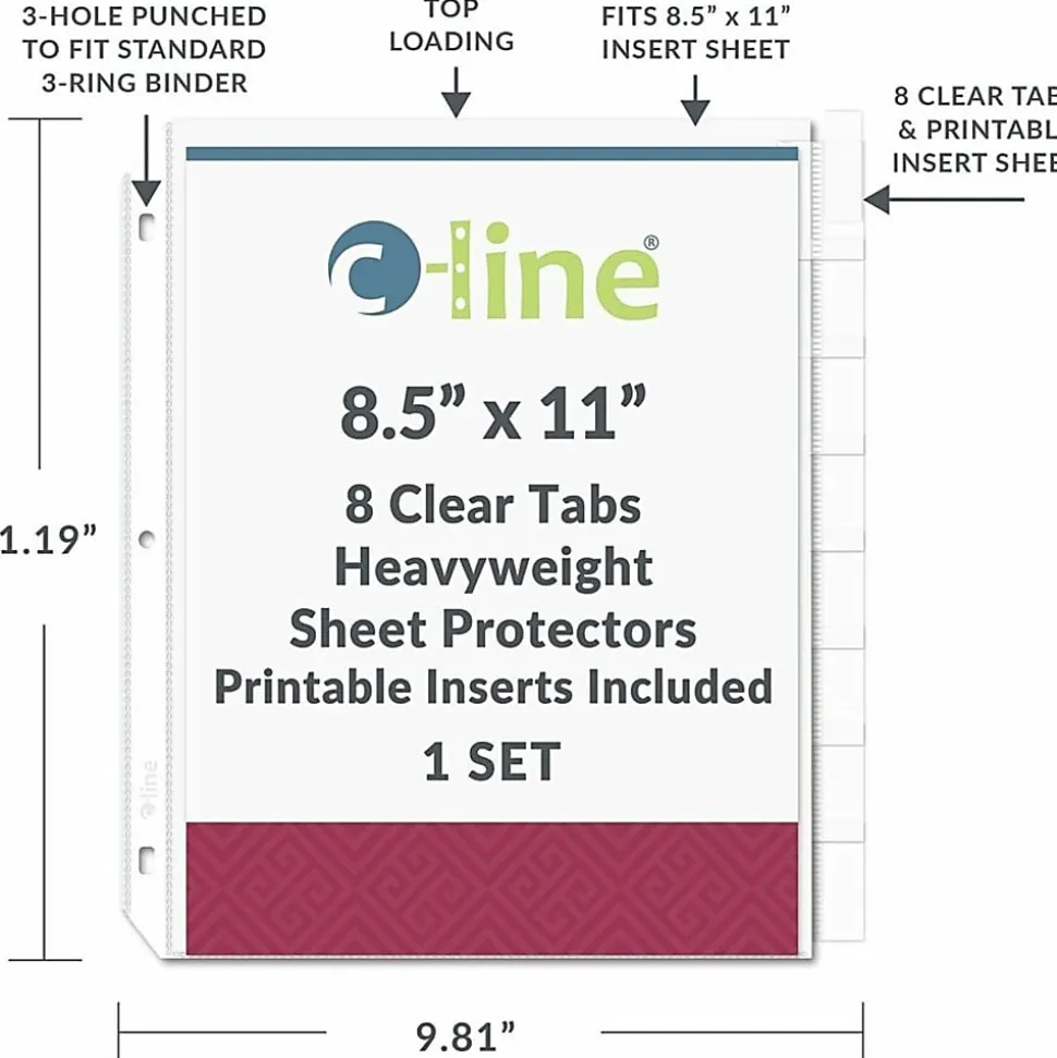 C-Line® Top-Loading Sheet Protectors With Tab Inserts, 8 1/2" x 11", 8-Tab, Clear, 10 Pack
