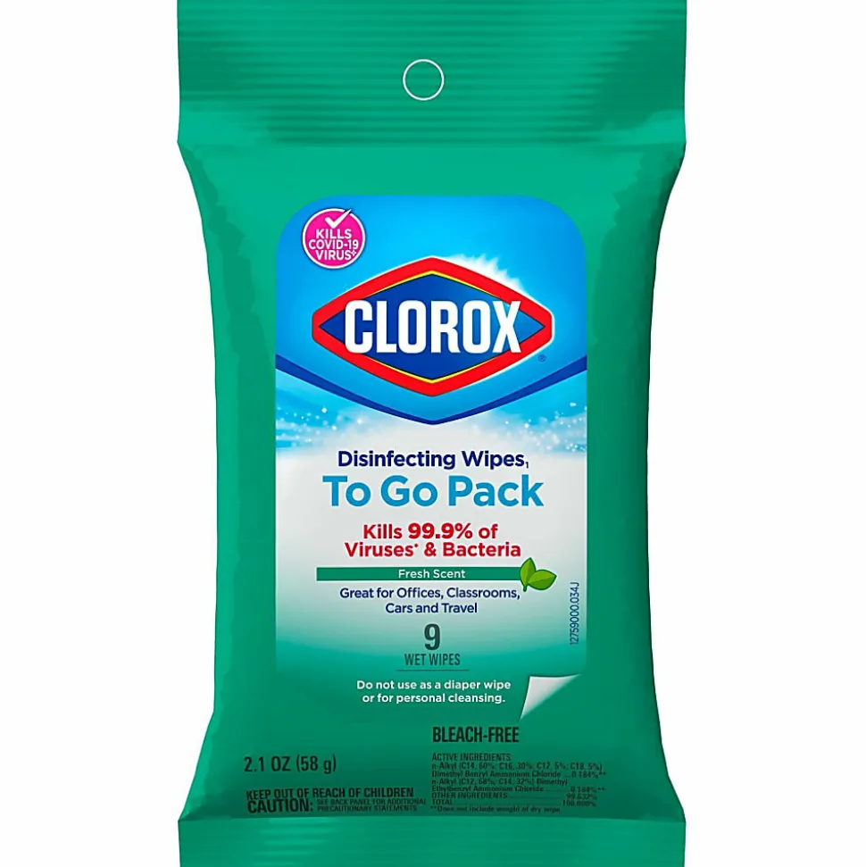Clorox Bleach-Free Disinfecting Wipes, To-Go Pack, Fresh Scent, 2-13/16” x 6-9/16”, 9 Wipes Per Pack, White, Case Of 24 Packs