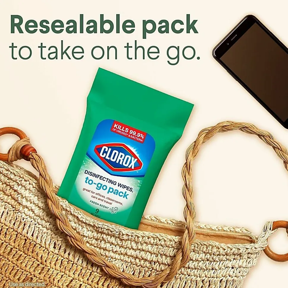 Clorox Bleach-Free Disinfecting Wipes, To-Go Pack, Fresh Scent, 2-13/16” x 6-9/16”, 9 Wipes Per Pack, White, Case Of 24 Packs