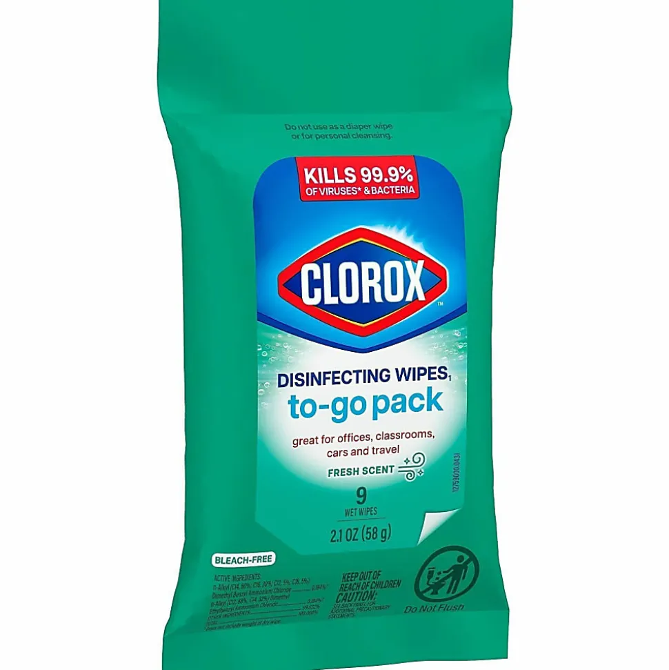 Clorox Bleach-Free Disinfecting Wipes, To-Go Pack, Fresh Scent, 2-13/16” x 6-9/16”, 9 Wipes Per Pack, White, Case Of 24 Packs
