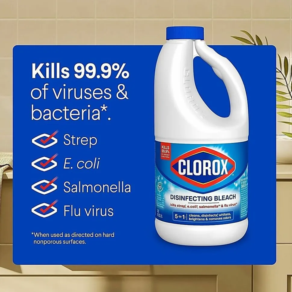 Clorox Disinfecting Bleach Concentrate, Regular Scent, 43 Oz, White, Carton Of 6 Jugs