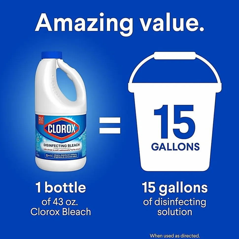 Clorox Disinfecting Bleach Concentrate, Regular Scent, 43 Oz, White, Carton Of 6 Jugs