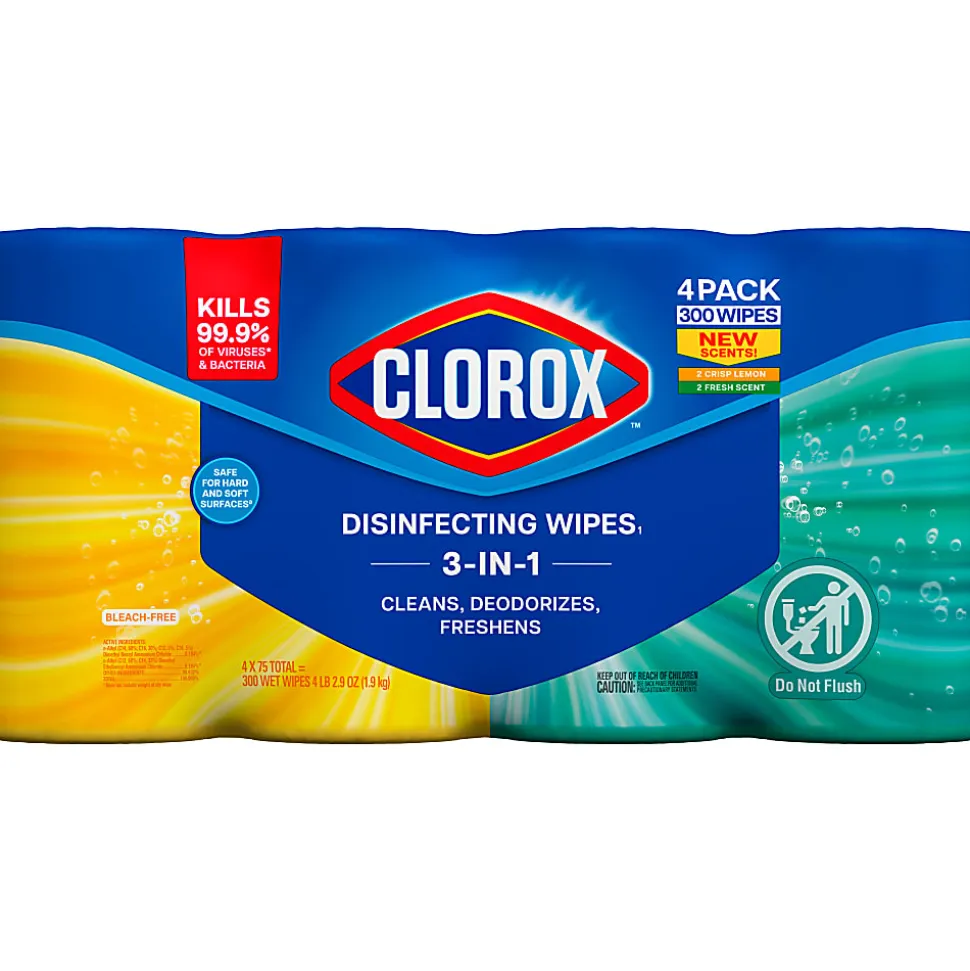 Clorox Disinfecting Cleaning Wipes Variety Pack, Bleach Free, Fresh Scent and Crisp Lemon, 75 Count Each, Pack of 4