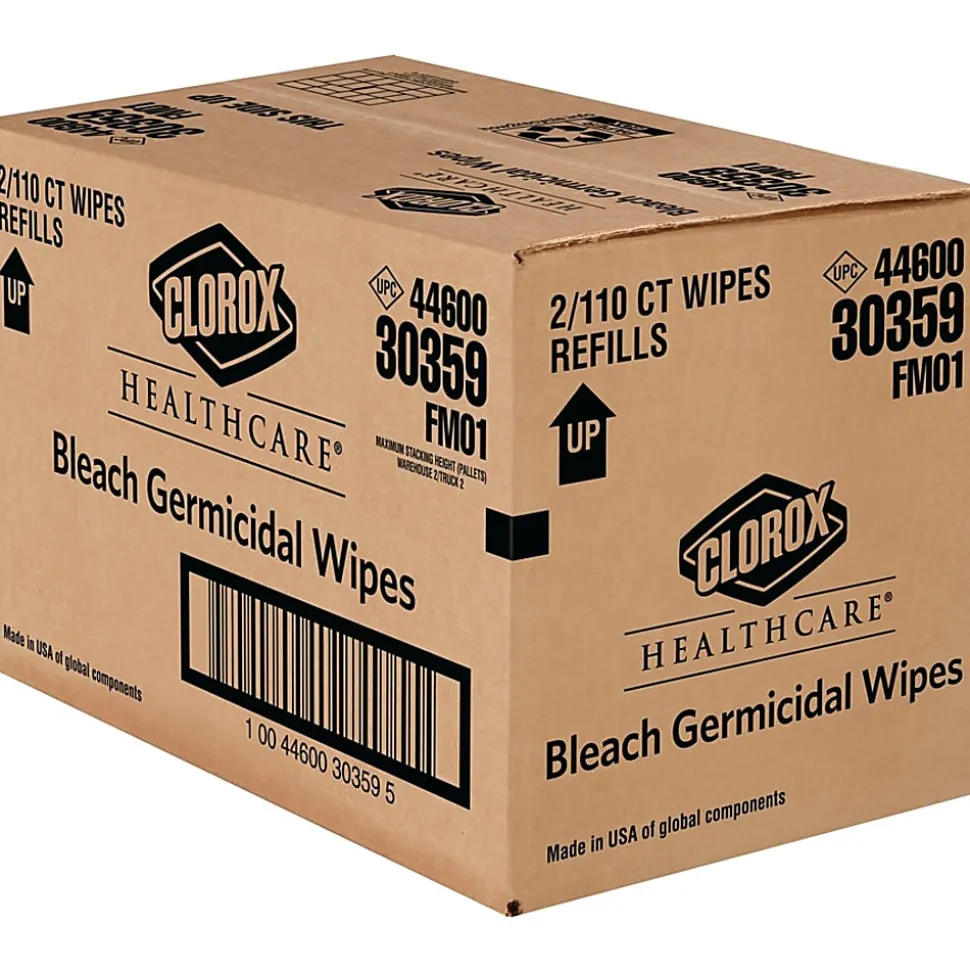 Clorox Healthcare Bleach Germicidal Wipes, 12" x 12", White, 110 Wipes Per Pack, Case Of 2 Packs