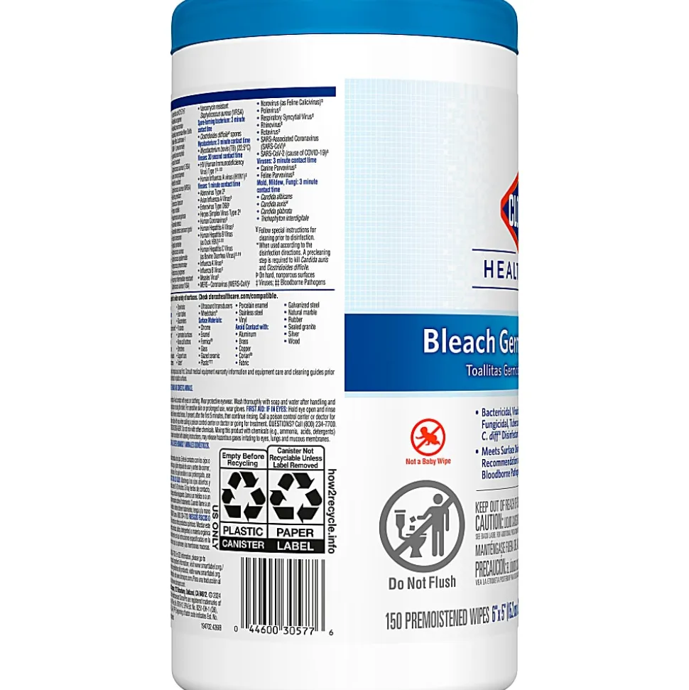 Clorox® Healthcare® Bleach Germicidal Wipes, 150 Wipes Per Canister, Case Of 6 Canisters