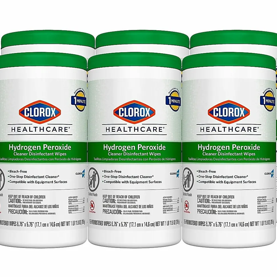 Clorox Healthcare Hydrogen Peroxide Cleaner Disinfectant Wipes, 5-3/4" x 6-3/4", 155 Wipes Per Tub, White, Carton Of 6 Tubs