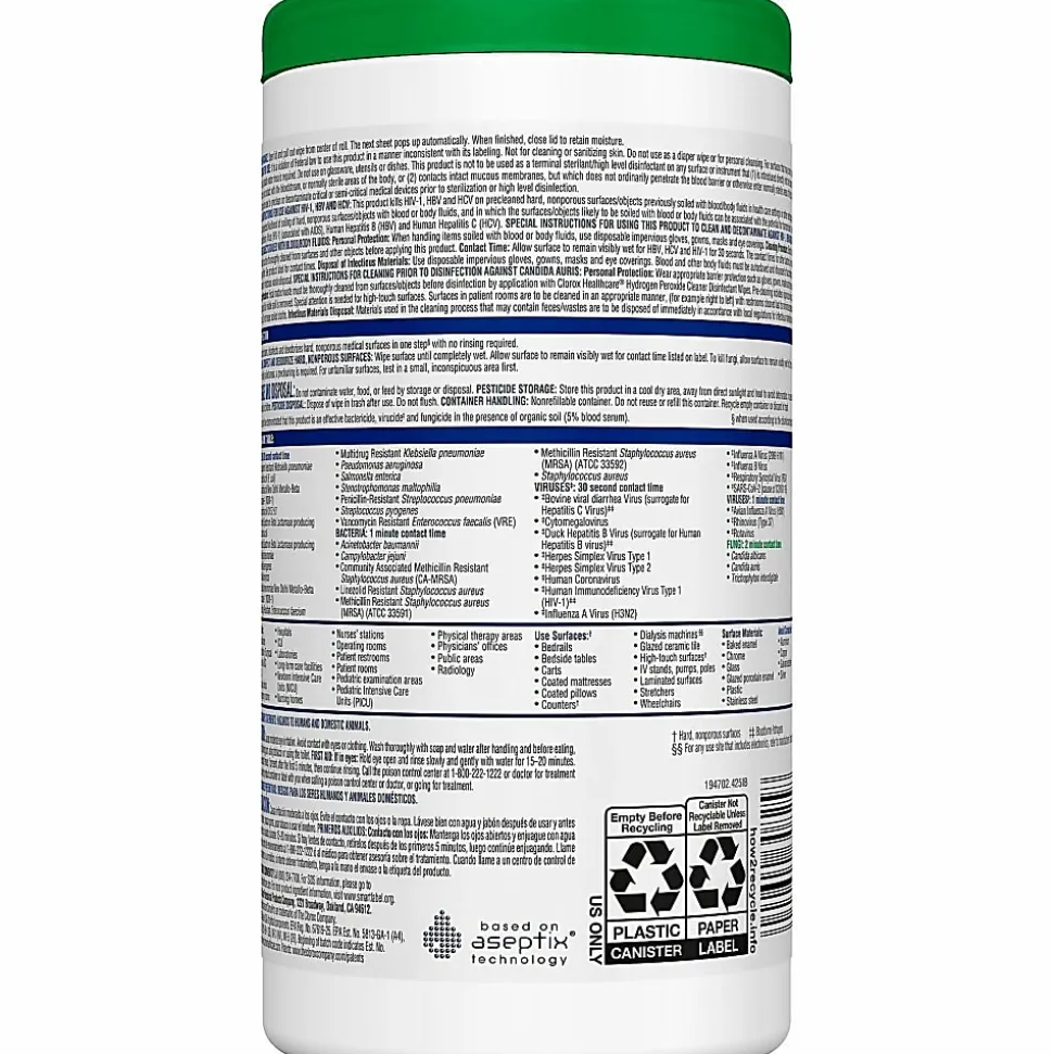 Clorox Healthcare Hydrogen Peroxide Cleaner Disinfectant Wipes, 5-3/4" x 6-3/4", 155 Wipes Per Tub, White, Carton Of 6 Tubs