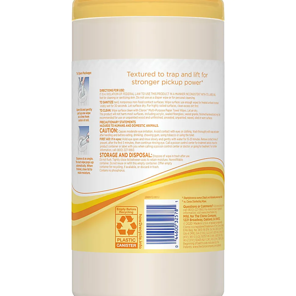 Clorox Paper Towel Wipes, 6-5/8" x 8-1/4", Lemon Verbena Scent, White, Canister Of 75 Wipes