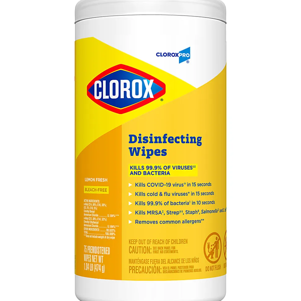 CloroxPro™ Clorox Disinfecting Wipes, Lemon Fresh, 75 Wipes Per Canister, Box Of 6 Canisters
