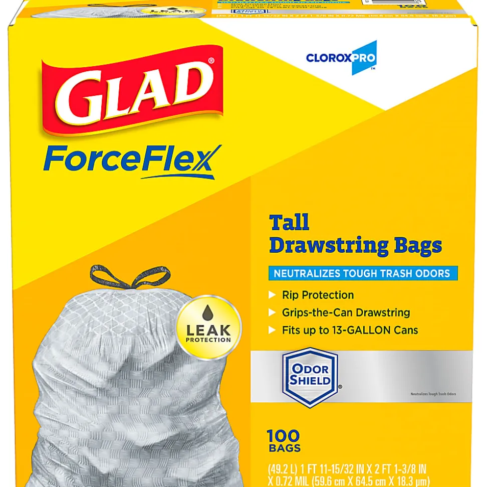 CloroxPro™ Glad ForceFlex Tall Kitchen Drawstring Trash Bags, 0.9 mil, 13 Gallon, Grey, Box Of 100