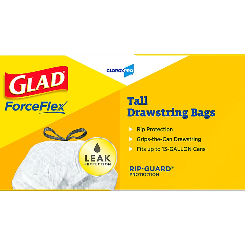 CloroxPro Glad ForceFlex Tall Kitchen Drawstring Trash Bags, 0.78 mil, 13 Gallon, Box of 100 (78374)