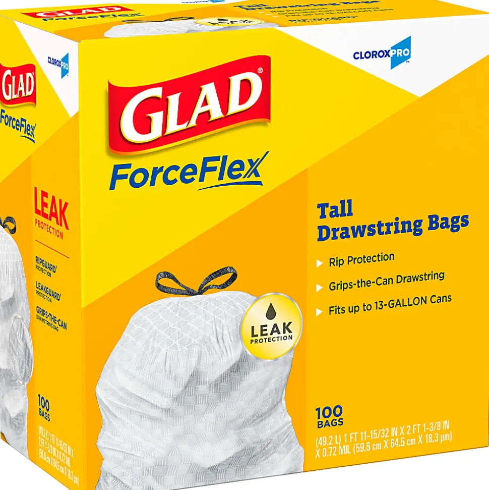 CloroxPro Glad ForceFlex Tall Kitchen Drawstring Trash Bags, 0.78 mil, 13 Gallon, Box of 100 (78374)