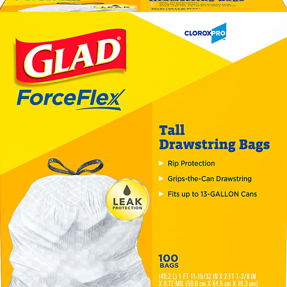 CloroxPro Glad ForceFlex Tall Kitchen Drawstring Trash Bags, 0.78 mil, 13 Gallon, Box of 100 (78374)
