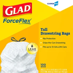 CloroxPro Glad ForceFlex Tall Kitchen Drawstring Trash Bags, 0.78 mil, 13 Gallon, Box of 100 (78374)