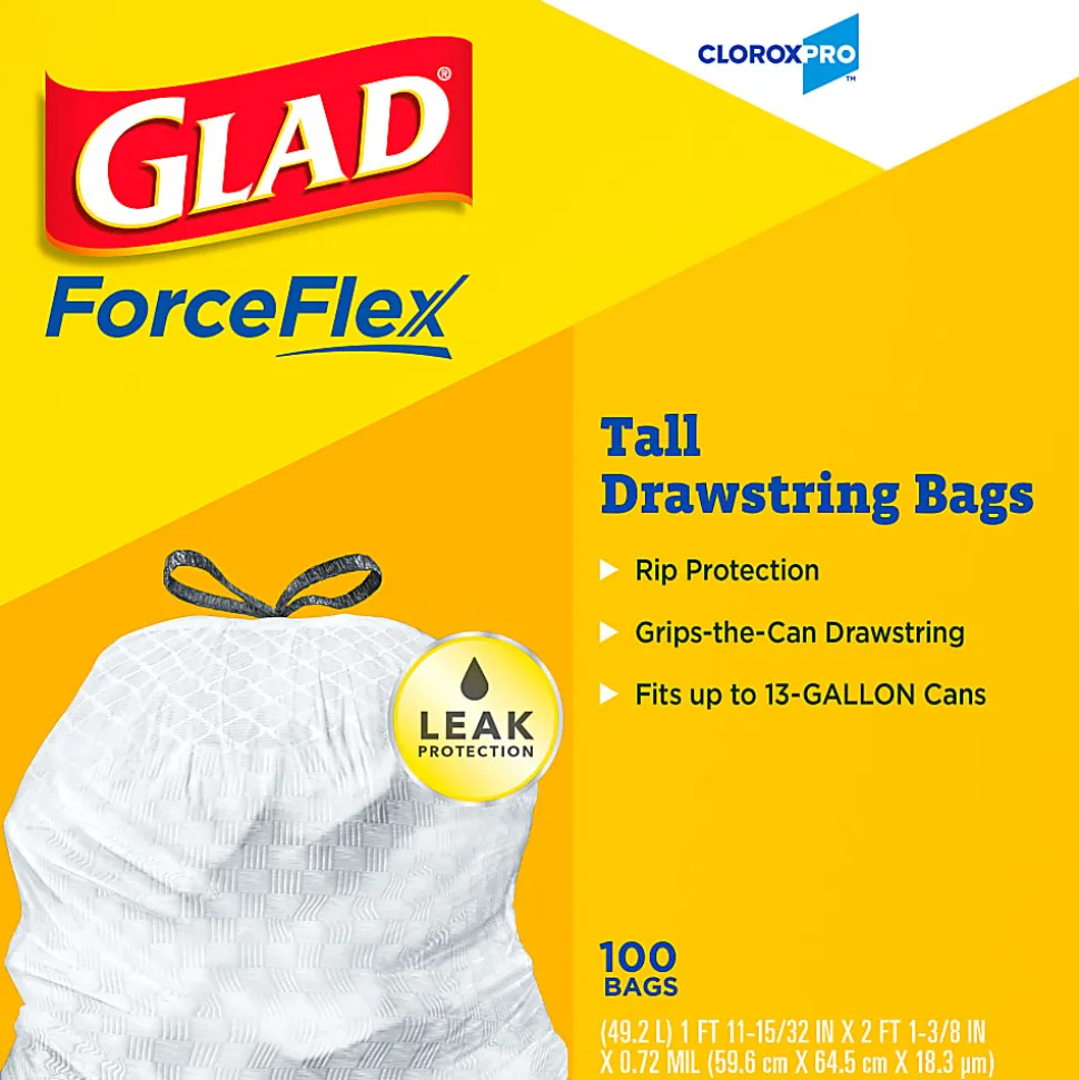 CloroxPro Glad ForceFlex Tall Kitchen Drawstring Trash Bags, 0.78 mil, 13 Gallon, Box of 100 (78374)