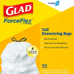 CloroxPro Glad ForceFlex Tall Kitchen Drawstring Trash Bags, 0.78 mil, 13 Gallon, Box of 100 (78374)