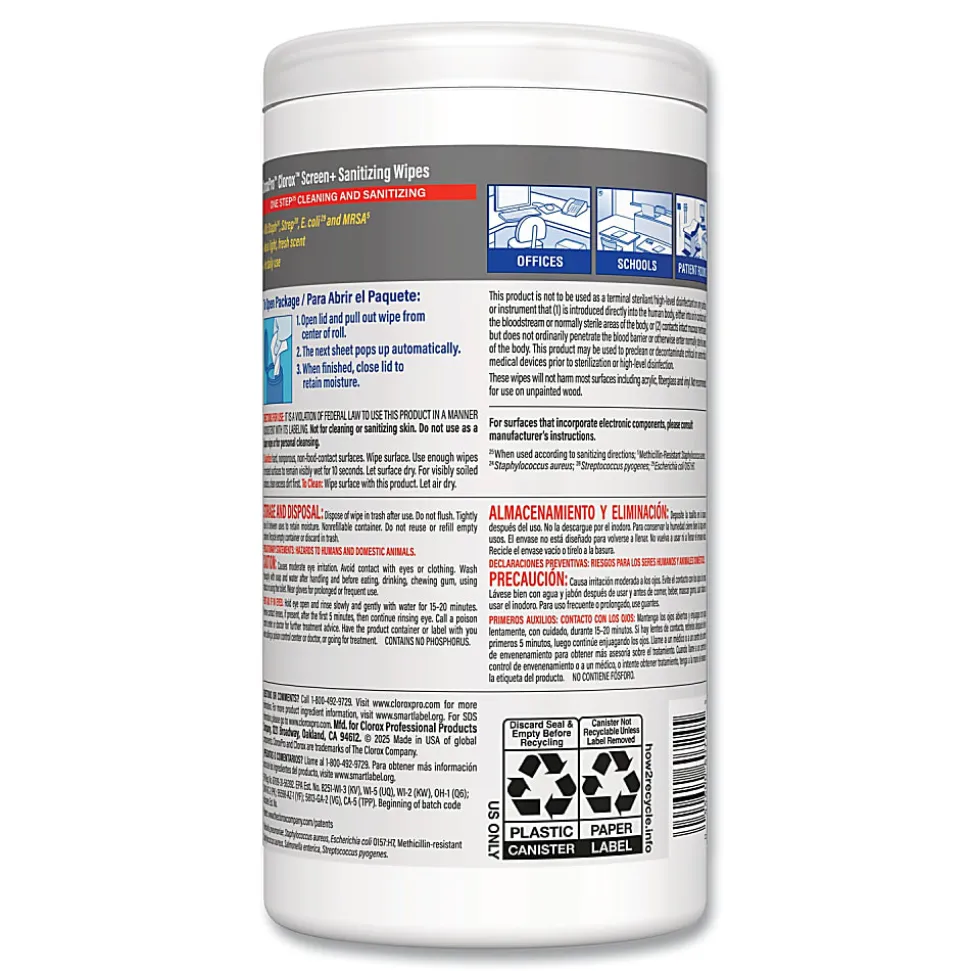 CloroxPro ScreenPlus Screen Sanitizing Wipes, 6x8, Citrus Blend, 75/Canister, 6 Canisters/CT