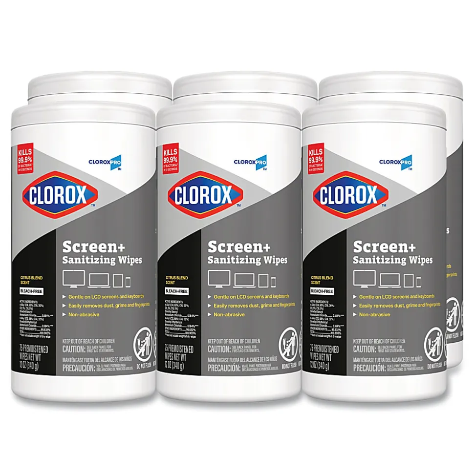 CloroxPro ScreenPlus Screen Sanitizing Wipes, 6x8, Citrus Blend, 75/Canister, 6 Canisters/CT