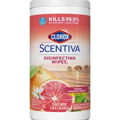 Clorox Scentiva Bleach-Free Cleaning Wipes, Grapefruit & Orange Blossom, 7" x 7-1/4", Canister Of 75 Wipes