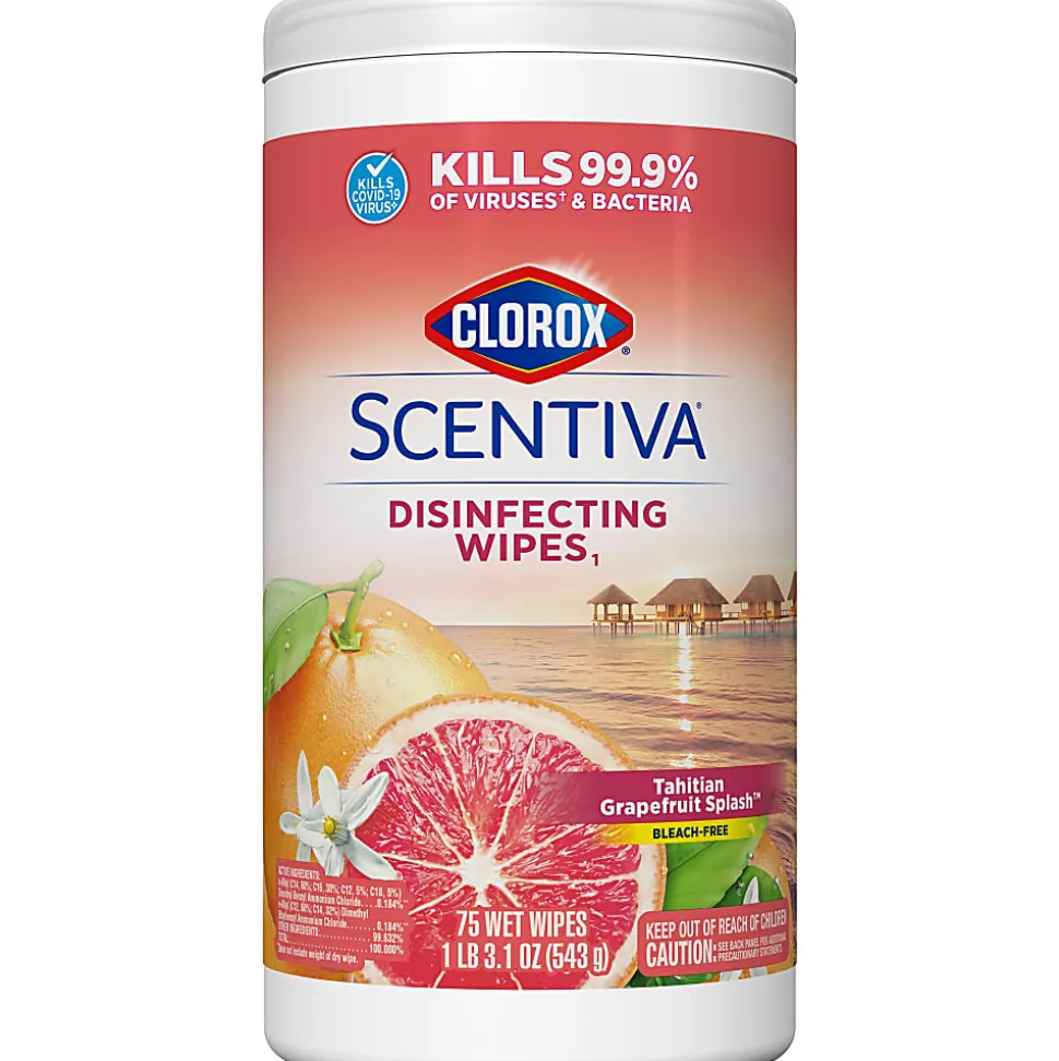 Clorox Scentiva Bleach-Free Cleaning Wipes, Grapefruit & Orange Blossom, 7" x 7-1/4", Canister Of 75 Wipes