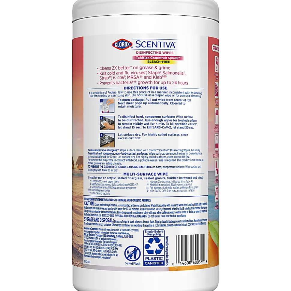 Clorox Scentiva Bleach-Free Cleaning Wipes, Grapefruit & Orange Blossom, 7" x 7-1/4", Canister Of 75 Wipes