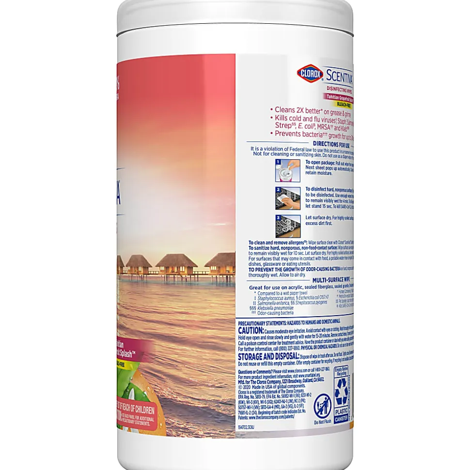 Clorox Scentiva Bleach-Free Cleaning Wipes, Grapefruit & Orange Blossom, 7" x 7-1/4", Canister Of 75 Wipes