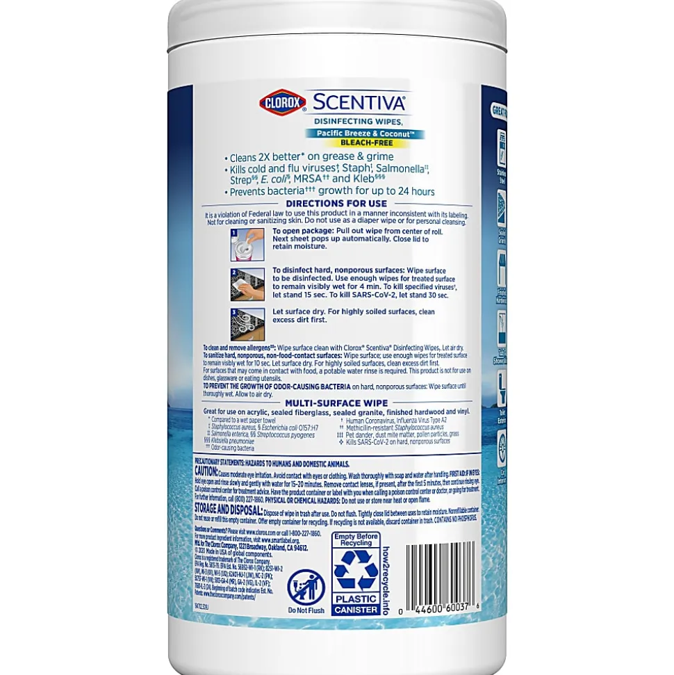 Clorox Scentiva Bleach-Free Cleaning Wipes, Pacific Breeze & Coconut Scent, 7" x 7-1/4", Canister Of 75 Wipes