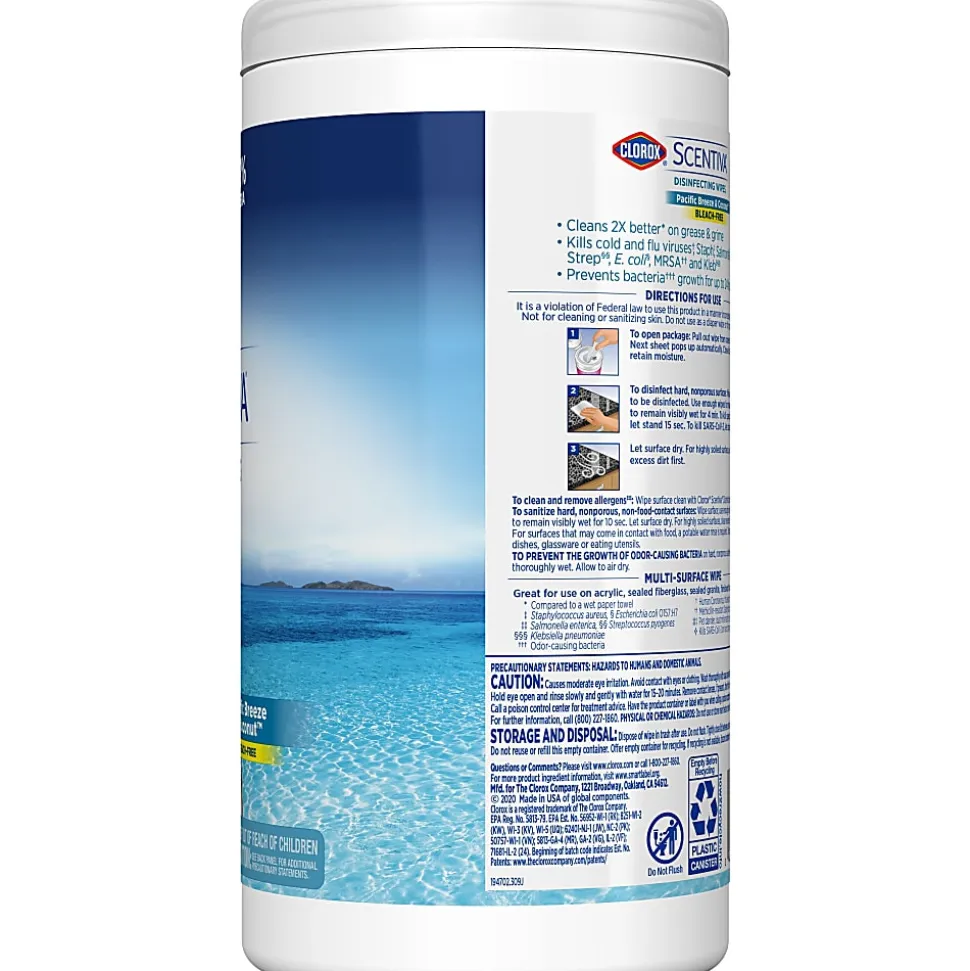 Clorox Scentiva Bleach-Free Cleaning Wipes, Pacific Breeze & Coconut Scent, 7" x 7-1/4", Canister Of 75 Wipes