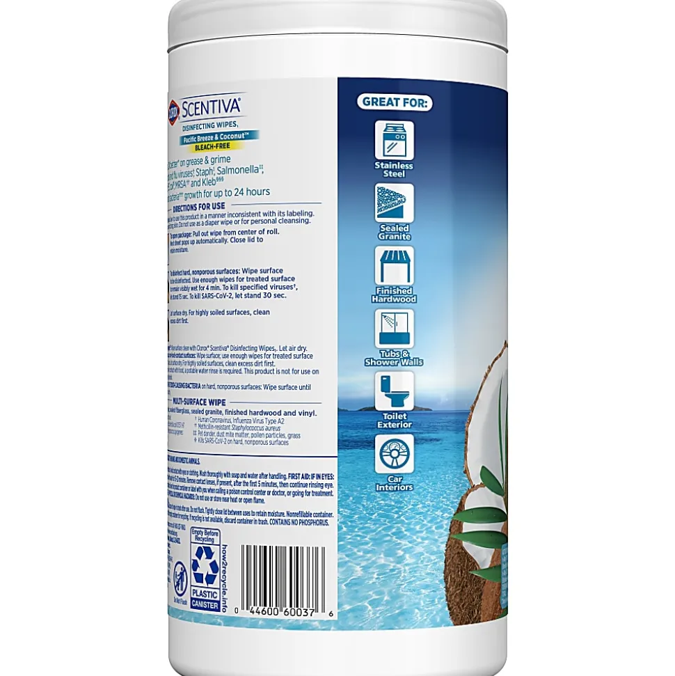 Clorox Scentiva Bleach-Free Cleaning Wipes, Pacific Breeze & Coconut Scent, 7" x 7-1/4", Canister Of 75 Wipes