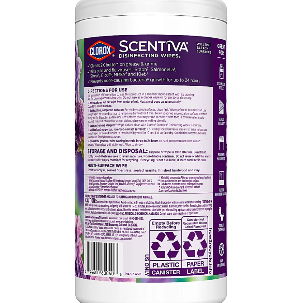 Clorox Scentiva Wipes, Bleach Free Cleaning Wipes, Lavender & Jasmine, 75 Count (60040)