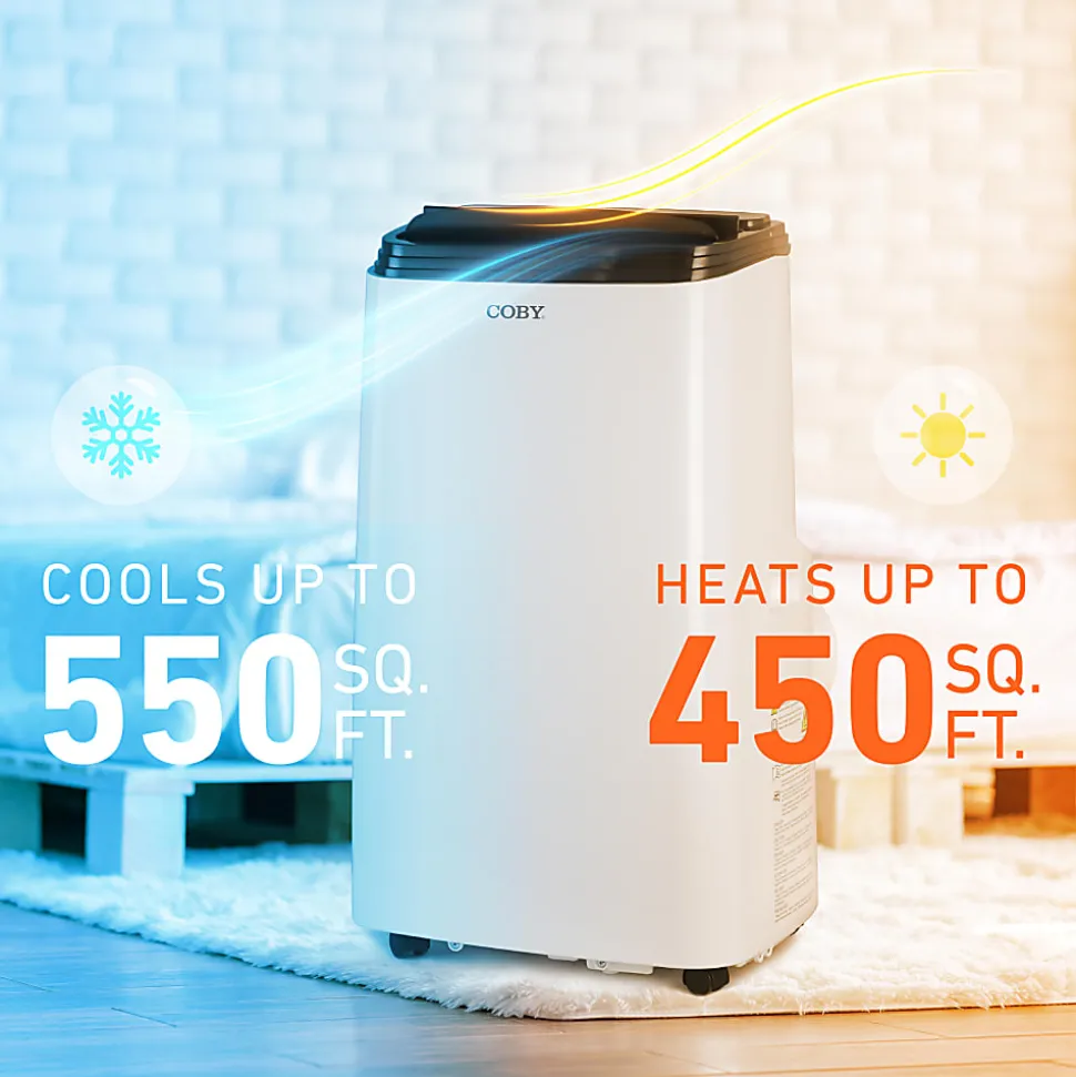 COBY Portable Air Conditioner 4-in-1 AC Unit, Heater, Dehumidifier & Fan, 12,000 BTU, 28-15/16”H x 16-3/4”W x 14-3/4”D, White