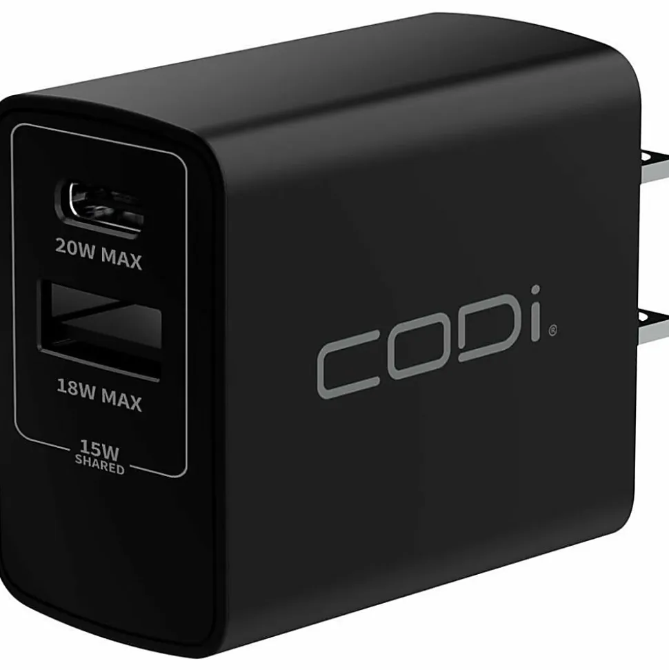 CODi Dual Port 20W Wall Charger/AC Adapter (USB-C, USB-A Outputs) - 20W -USB Type-C - USB Type-A