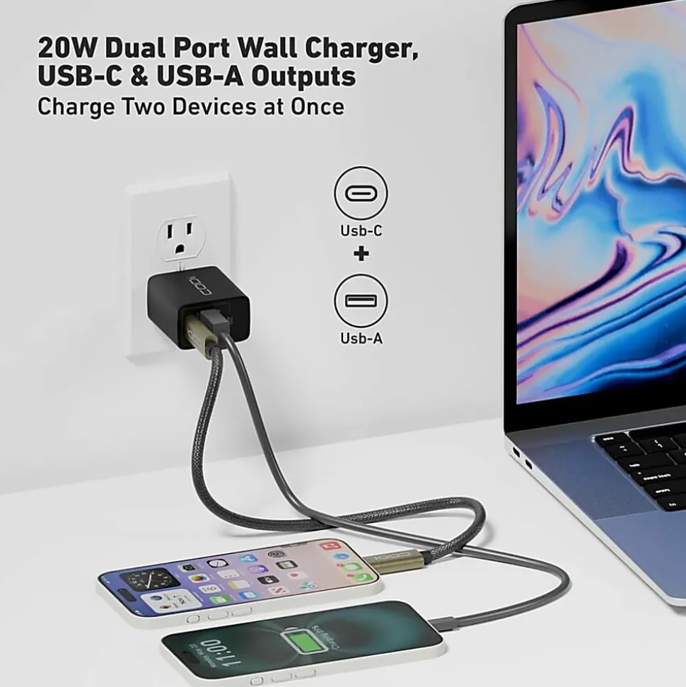 CODi Dual Port 20W Wall Charger/AC Adapter (USB-C, USB-A Outputs) - 20W -USB Type-C - USB Type-A