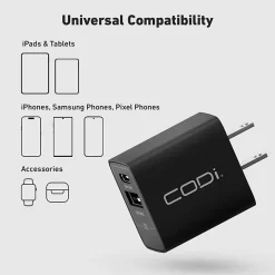 CODi Dual Port 20W Wall Charger/AC Adapter (USB-C, USB-A Outputs) - 20W -USB Type-C - USB Type-A