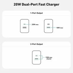 CODi Dual Port 20W Wall Charger/AC Adapter (USB-C, USB-A Outputs) - 20W -USB Type-C - USB Type-A