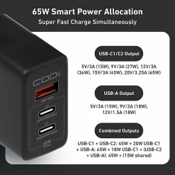 CODi 65W GaN Triple Port Wall Charger - USB-C and USB-A Quick Charge 3.0 outputs