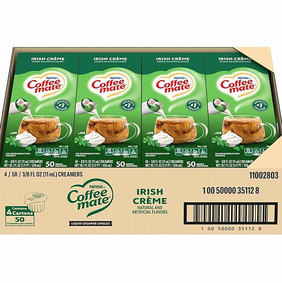 Coffee mate Irish Creme Nondairy Liquid Creamer Singles - Irish Cream Flavor - 0.38 fl oz (11 mL) - 200 Serving - 50/Box - 4 / Carton